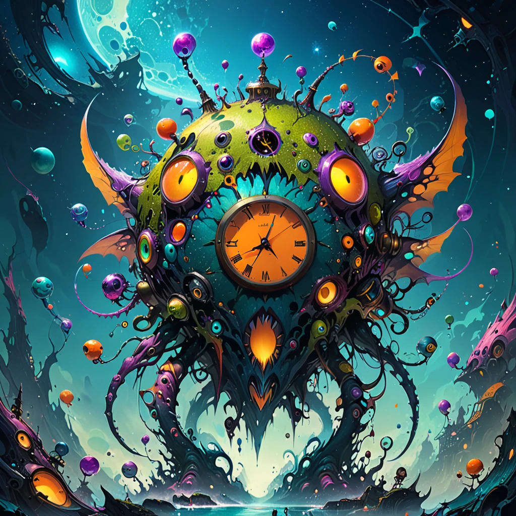 (best quality,4k,8k,highres,masterpiece:1.2),ultra-detailed,surrealist style,in style of Daniel Merriam,lovely style biopunk monster concept,character concept design,
BREAK
(full_shot:1.2),space warp background,(clock_background:1.3),negative space composition,
BREAK
simple background,