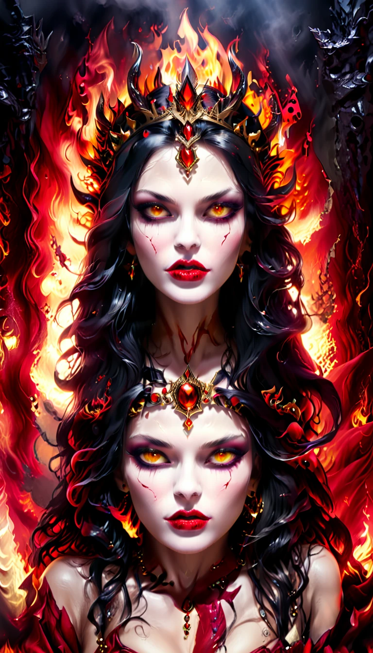 Arafed a picture of the queen of demons, in the halls of hell, a demons queen magnificent and full of awe, black hair, long hair, flowing hair, bold intense eyes, extremely exquisite beautiful queen, perfect body, (anatomically correct: 1.3), ultra feminine, ultra detailed face, black lips, fiery glowing eyes, (demonic horns from head: 1.1) , (red skin: 1.1), dynamic angle, there is (golden crown on her head: 1.1) , studded with diamonds and rubies, the hall of the queen of hell background, (masterpiece: 1.4) intense details, highly detailed, photorealistic, best quality, highres,16k, [ultra detailed], masterpiece, best quality, (extremely detailed), close up, ultra wide shot, photorealistic, RAW, fantasy art, dnd art, fantasy art, realistic art,((best quality)), ((masterpiece)), (detailed: 1.5), ral-ntrgmstn