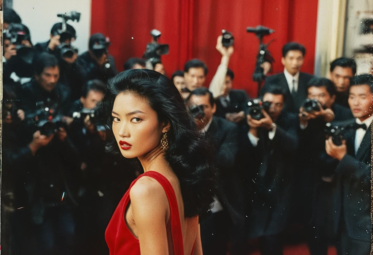 35mm Vintage photo of, a supermodel with black hair, asian, on red carpet surrounded by aggressive paparazzi,