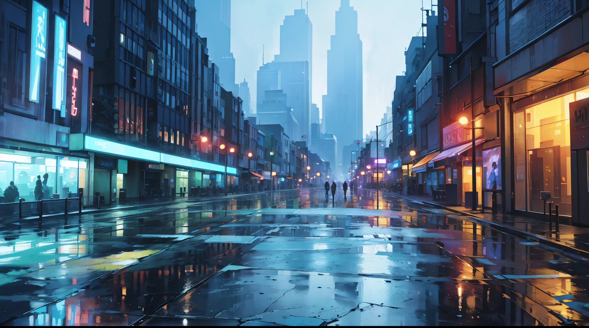 cityscape background. Lots of LED lights, Illuminating the night, Reflection of buildings in puddles on the ground. Movie, 8K, Rich in details