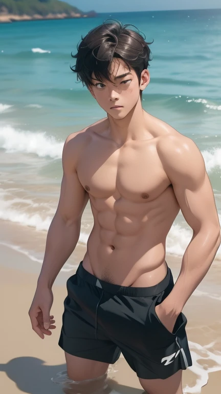 facial expression like masturbation, 1boy, bikini, Tight muscles, Broad shoulders, Handsome, Tiny underwear, Sexy, sex, Guy, Gay, Sea, sungboy, floral bikini nice ass