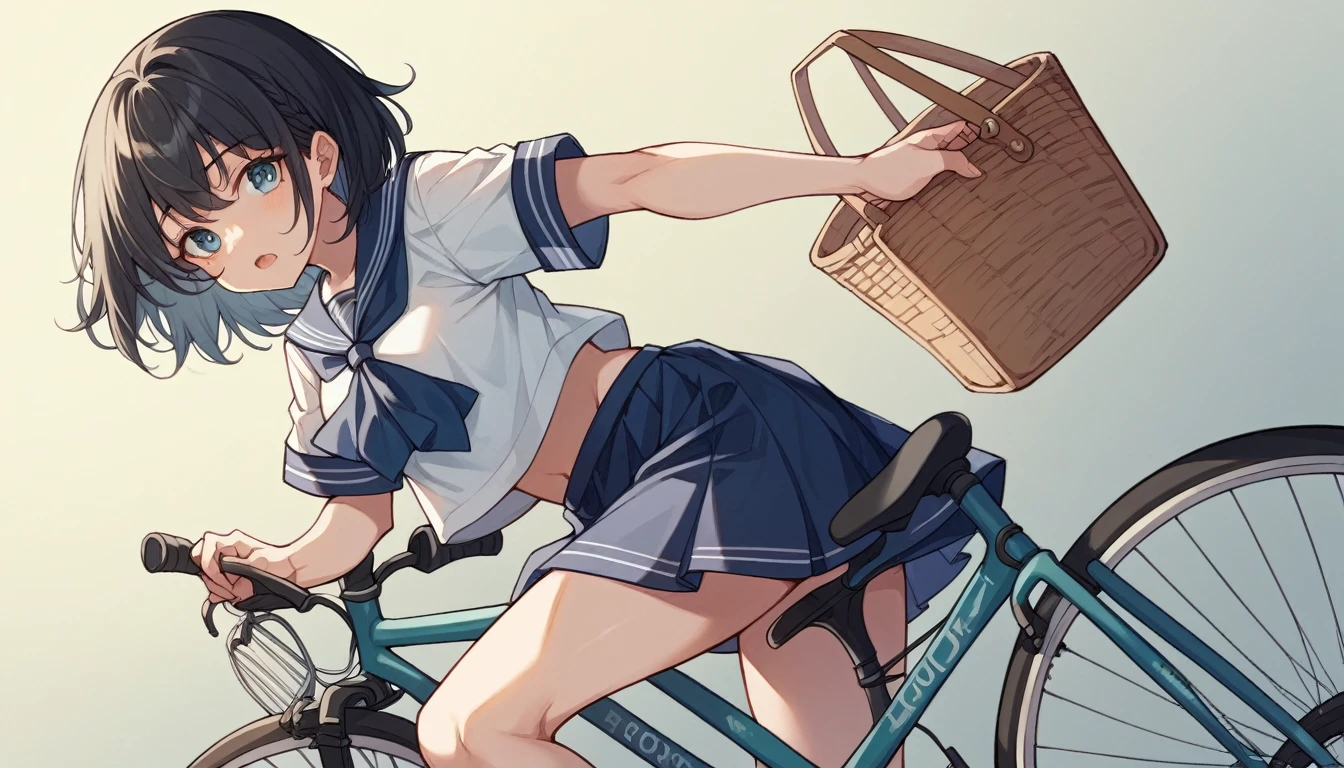 Kirisaki Kyouko, , bob cut, short hair, black hair, purple eyes, empty eyes , large breasts, 独奏, nipple, ride a bicycle, Open sea