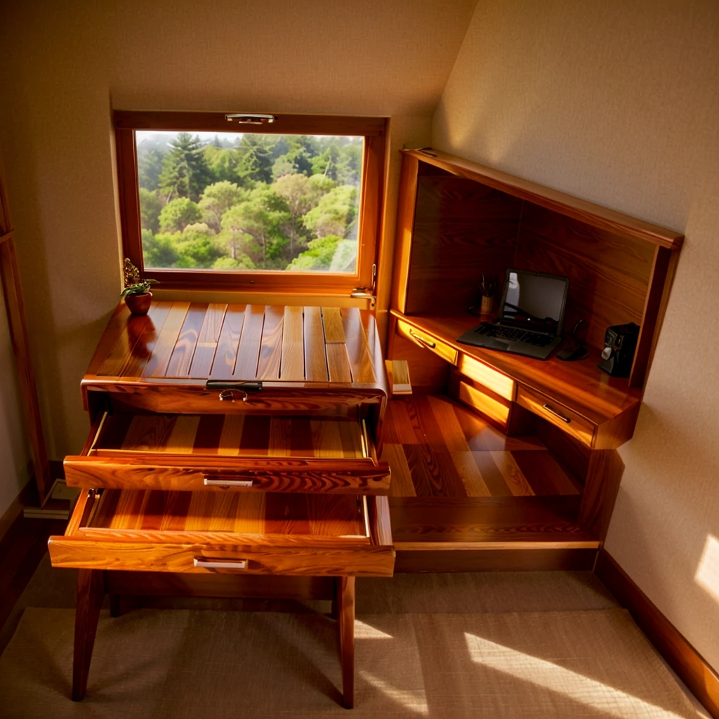 In this cozy room，A ray of sunlight shone through the half-drawn curtains on the table，Let the wood grain on the watch storage box shine with a faint luster。There was a calm and peaceful atmosphere in the air around them。There are several still lifes hanging on the walls of the room，It adds a touch of elegance to the space。And on the other side of the room，The half-open window lets in the breeze，The pages on the small desk by the window turned in the wind，This quiet scene gives a sense of tranquility and comfort。


