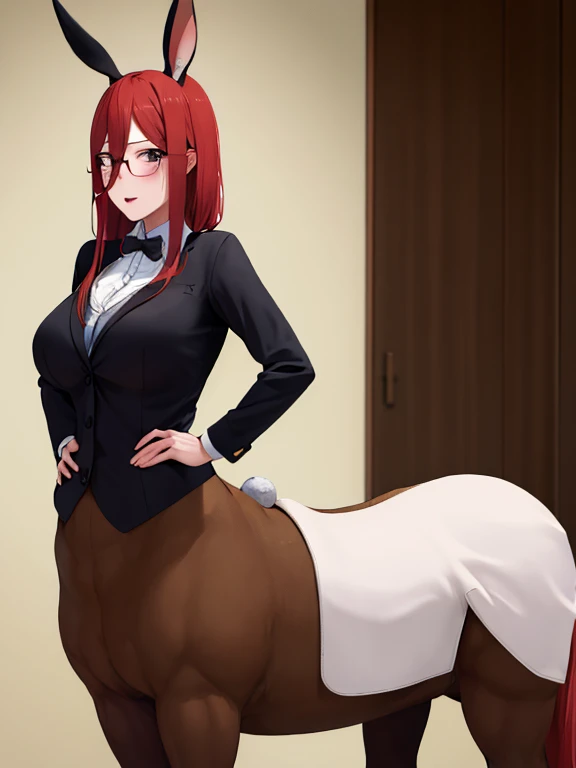 centaur, masterpiece, best quality, highres, nm1, playboy bunny, rabbit ears, cowboy shot, standing, hand on hip, black pantyhose, bedroom, Nakano Miku Nakano Miku / 5-Toubun no Hanayome