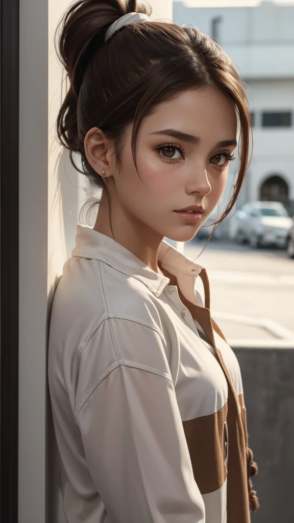 White skin girl, brown hair tied in a bad ponytail, Brown eyes, dressed in a bad way and that I didn't match, with folders and sheets jumbled on his chest