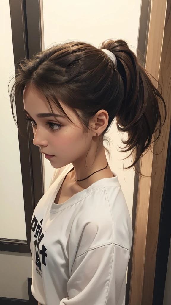 White skin girl, brown hair tied in a bad ponytail, Brown eyes, dressed in a bad way and that I didn&#39;t match, with folders and sheets jumbled on his chest 