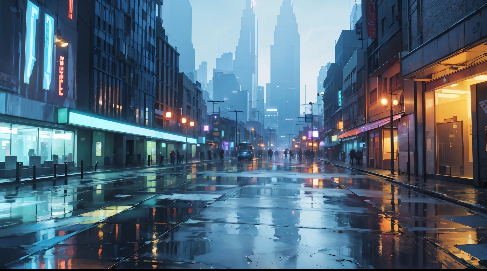 cityscape background. Lots of LED lights, Illuminating the night, Reflection of buildings in puddles on the ground. Movie, 8K, Rich in details