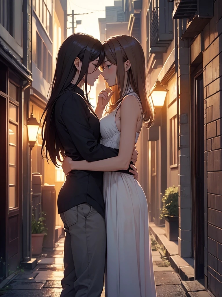 (masterpiece、top-quality、hight resolution), A nighttime scene on a quiet street where the protagonist is saying goodbye to a gentle and elegant married woman they met through a dating site. The woman, with a soft and slightly melancholic smile, waves and says, "Let's meet again, okay?" The streetlights cast a warm glow, highlighting the intimacy of the moment as they part ways.