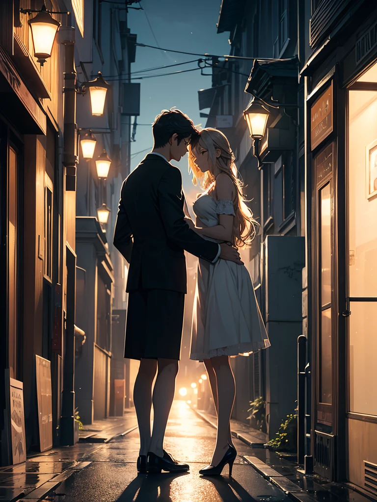 (​masterpiece、top-quality、hight resolution), A nighttime scene on a quiet street where the protagonist is saying goodbye to a gentle and elegant married woman they met through a dating site. The woman, with a soft and slightly melancholic smile, waves and says, "Let's meet again, okay?" The streetlights cast a warm glow, highlighting the intimacy of the moment as they part ways.