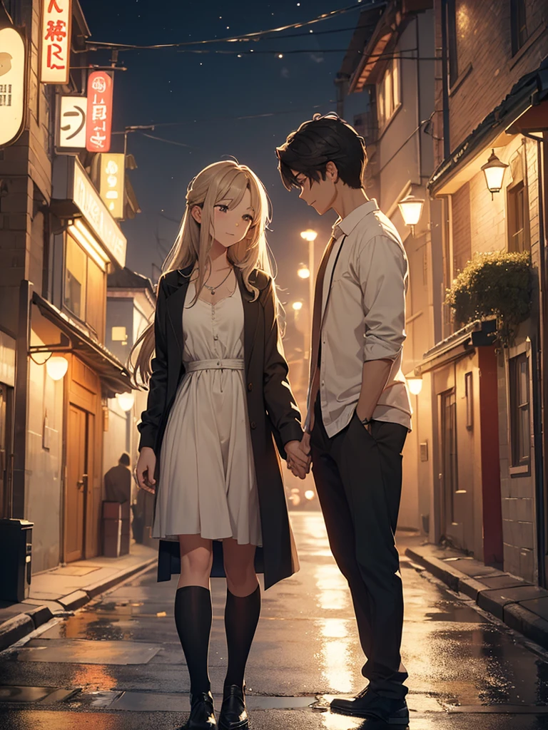 (masterpiece、top-quality、hight resolution), A nighttime scene on a quiet street where the protagonist is saying goodbye to a gentle and elegant married woman they met through a dating site. The woman, with a soft and slightly melancholic smile, waves and says, "Let's meet again, okay?" The streetlights cast a warm glow, highlighting the intimacy of the moment as they part ways.