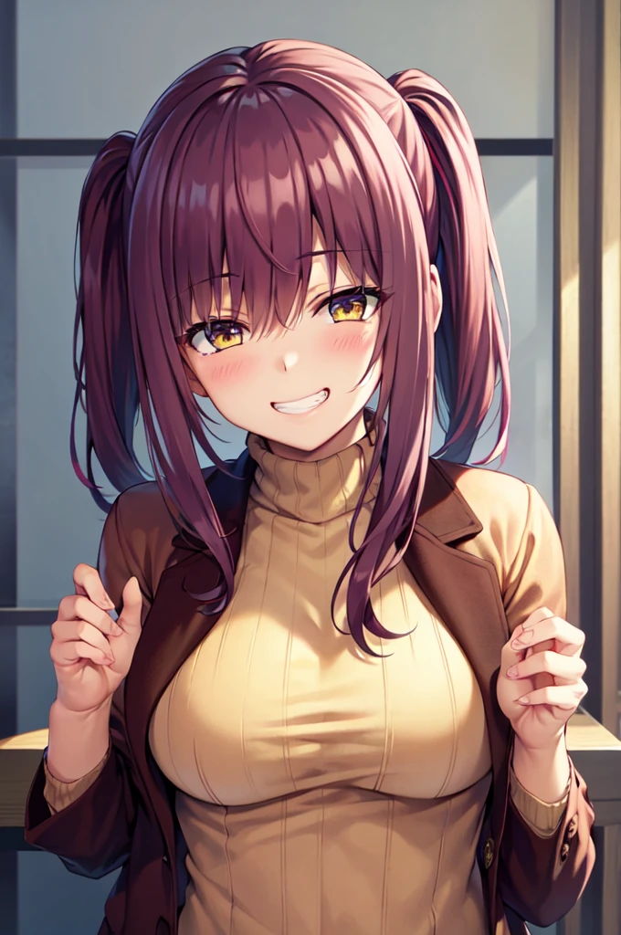 Masterpiece, best quality, highres, upper body, close up, detailed eyes, red hair, yellow eyes, white backround, long hair, blush, turtleneck sweater, beautiful eyes, large breaast, grin, ((hair down))