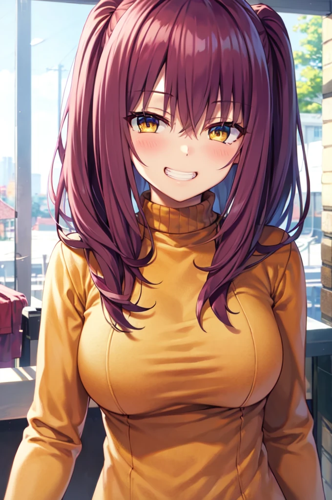 Masterpiece, best quality, highres, upper body, close up, detailed eyes, red hair, yellow eyes, white backround, long hair, blush, turtleneck sweater, beautiful eyes, large breaast, grin, ((hair down))