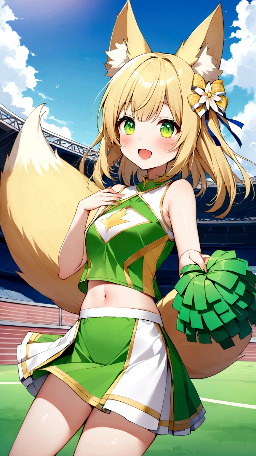 15-year-old beautiful fox beast girl、Rin (Rin) Please draw。She has long straight blonde hair、Has large, clear emerald green eyes。The golden fox ears stand up straight on her head.、It has a bushy golden fox tail.。Slender and supple figure、It has a small and delicate look。She is wearing a cheerleader outfit based on white and green.、The top has a gold line、She is wearing a pleated skirt。She holds emerald green and gold pom-poms in both hands.、ジャンプしている瞬間Please draw。Background under blue sky、On the stadium field、It is a large ground with a view of the spectators' seats.。Ultra-high resolution 4K compatible、The texture of the fur and clothes、Please describe the beauty of the background in detail.。With bright and vivid colors、To bring out her lively and bright charm。