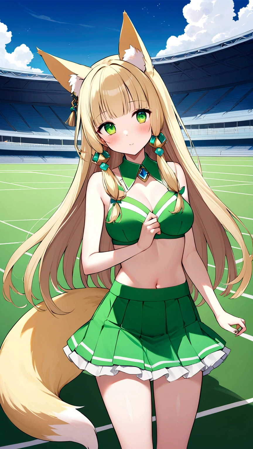15-year-old beautiful fox beast girl、Rin (Rin) Please draw。She has long straight blonde hair、Has large, clear emerald green eyes。The golden fox ears stand up straight on her head.、It has a bushy golden fox tail.。Slender and supple figure、It has a small and delicate look。She is wearing a cheerleader outfit based on white and green.、The top has a gold line、She is wearing a pleated skirt。She holds emerald green and gold pom-poms in both hands.、ジャンプしている瞬間Please draw。Background under blue sky、On the stadium field、It is a large ground with a view of the spectators' seats.。Ultra-high resolution 4K compatible、The texture of the fur and clothes、Please describe the beauty of the background in detail.。With bright and vivid colors、To bring out her lively and bright charm。