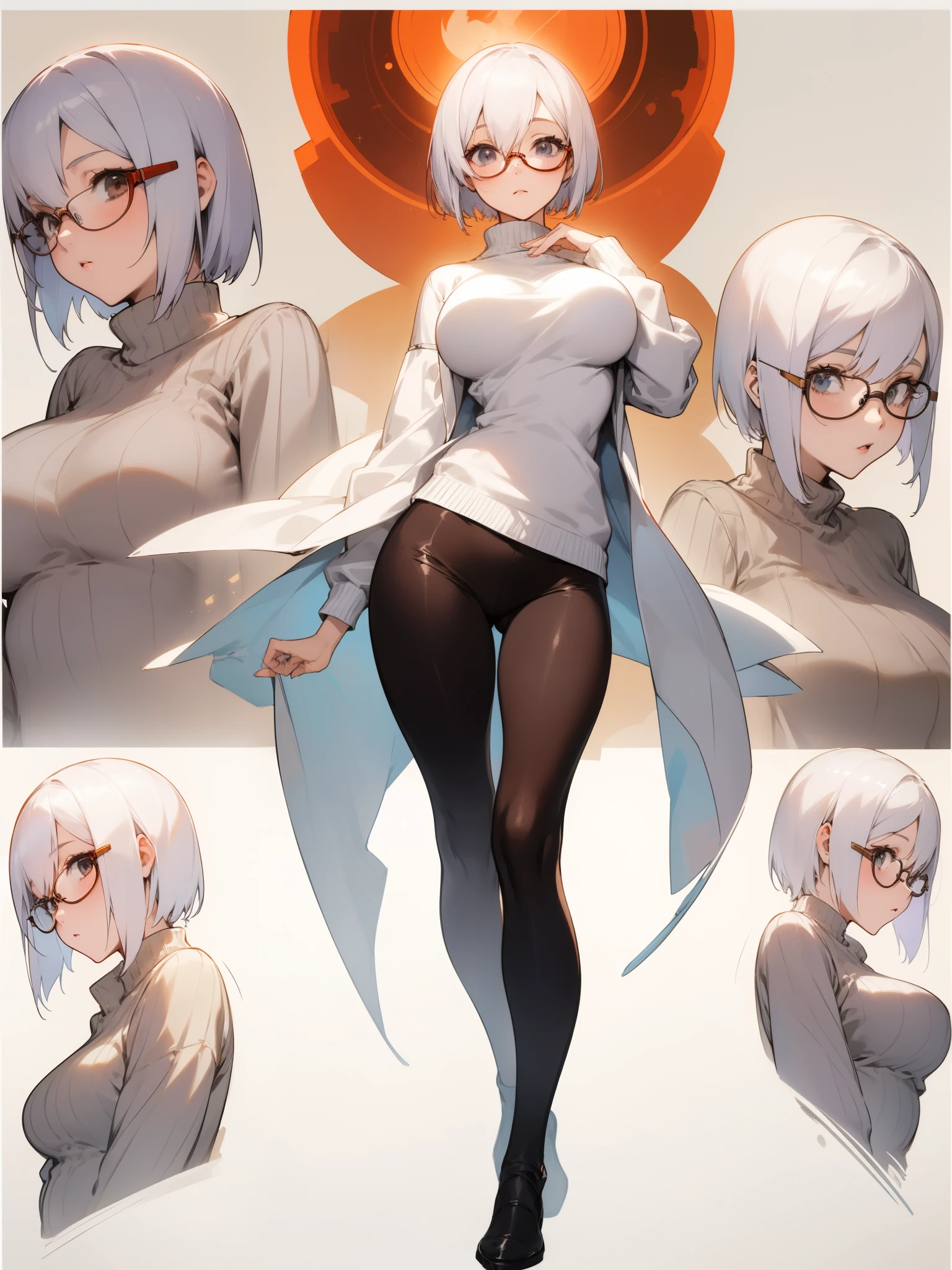 Concept art of anime character, young woman, 21 years old, white short hair, glasses, huge breasts, white fashion shirt, brown open sweater, leggings, full body, two poses, one dynamic pose,  one static pose