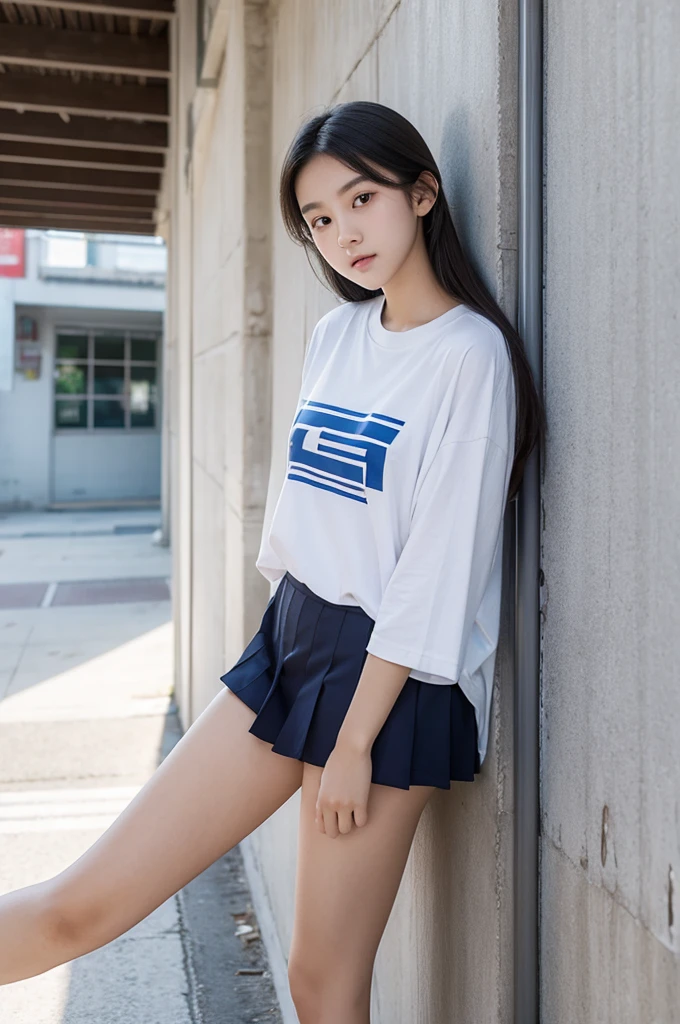 Beautiful high school student wearing a white T-shirt leaning against the wall of the building、Taiwanese