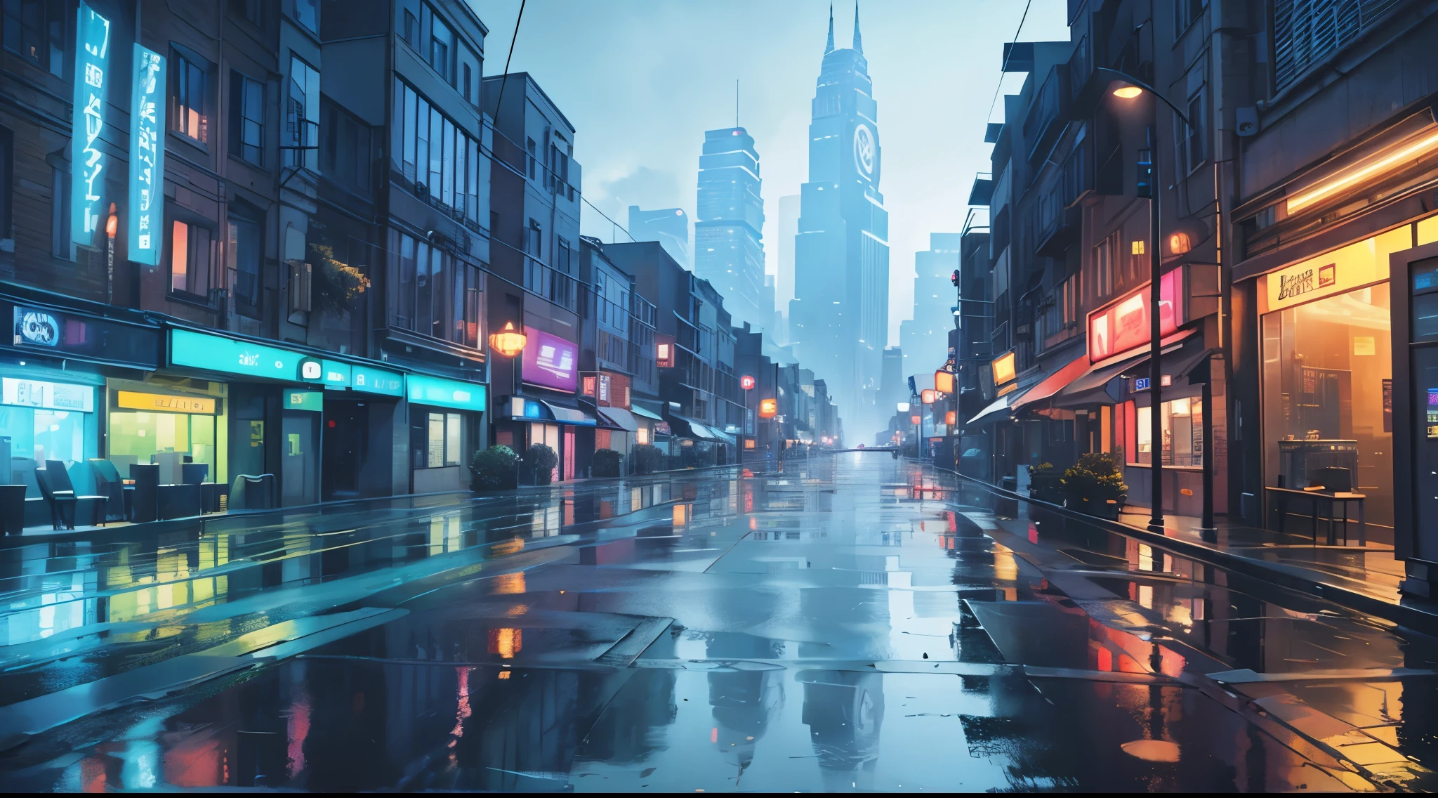 cityscape background. Lots of LED lights, Illuminating the night, Reflection of buildings in puddles on the ground. Movie, 8K, Rich in details