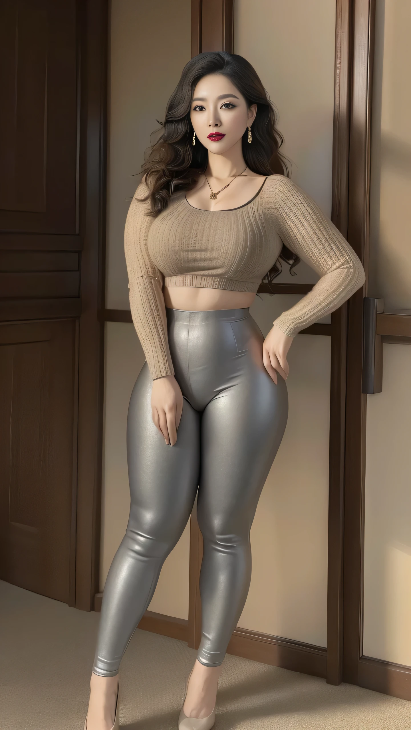 Chinese mature woman, standing, park background, light brown clothes (no cleavage), makeup, (lipstick: 1.1), (eyeliner: 1.2), mascara, eye shadow, earrings, necklace, gray leggings, high-necked knitted top, full body shot, 35 years old, big eyes, elegant temperament, (masterpiece: 1.2, best quality), actual, depth of field, carefully, this is a perfect face, perfect figure, 8K, best quality, masterpiece, ultra-high resolution, (realistic: 1.4), original photo, stay focused, rich details, exquisite beauty, long curly hair, dynamic angle, (red lips), exquisite graphics, high heels