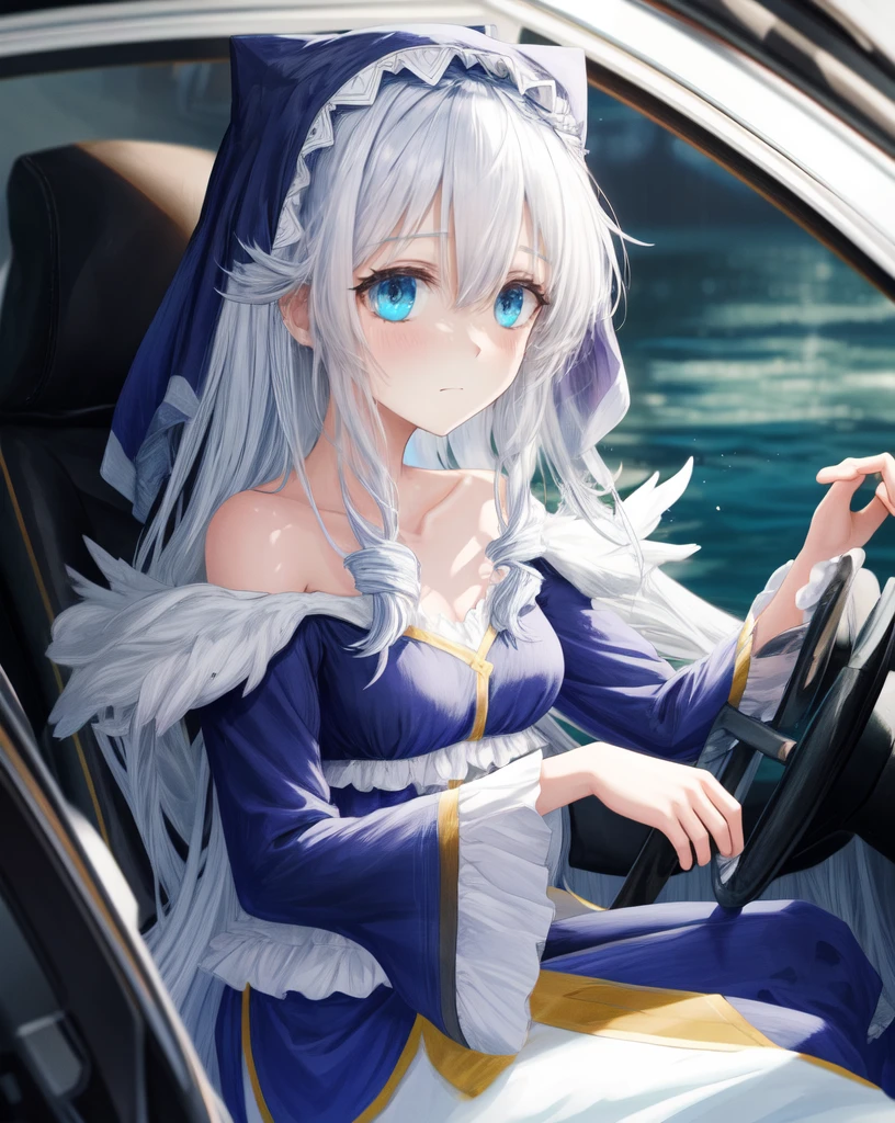 1 girl,Alone,Blue eyes,by white,hair between the eyes, very long hair,He drowned, clavicle,  steering wheels, only,long sleeves,dress,