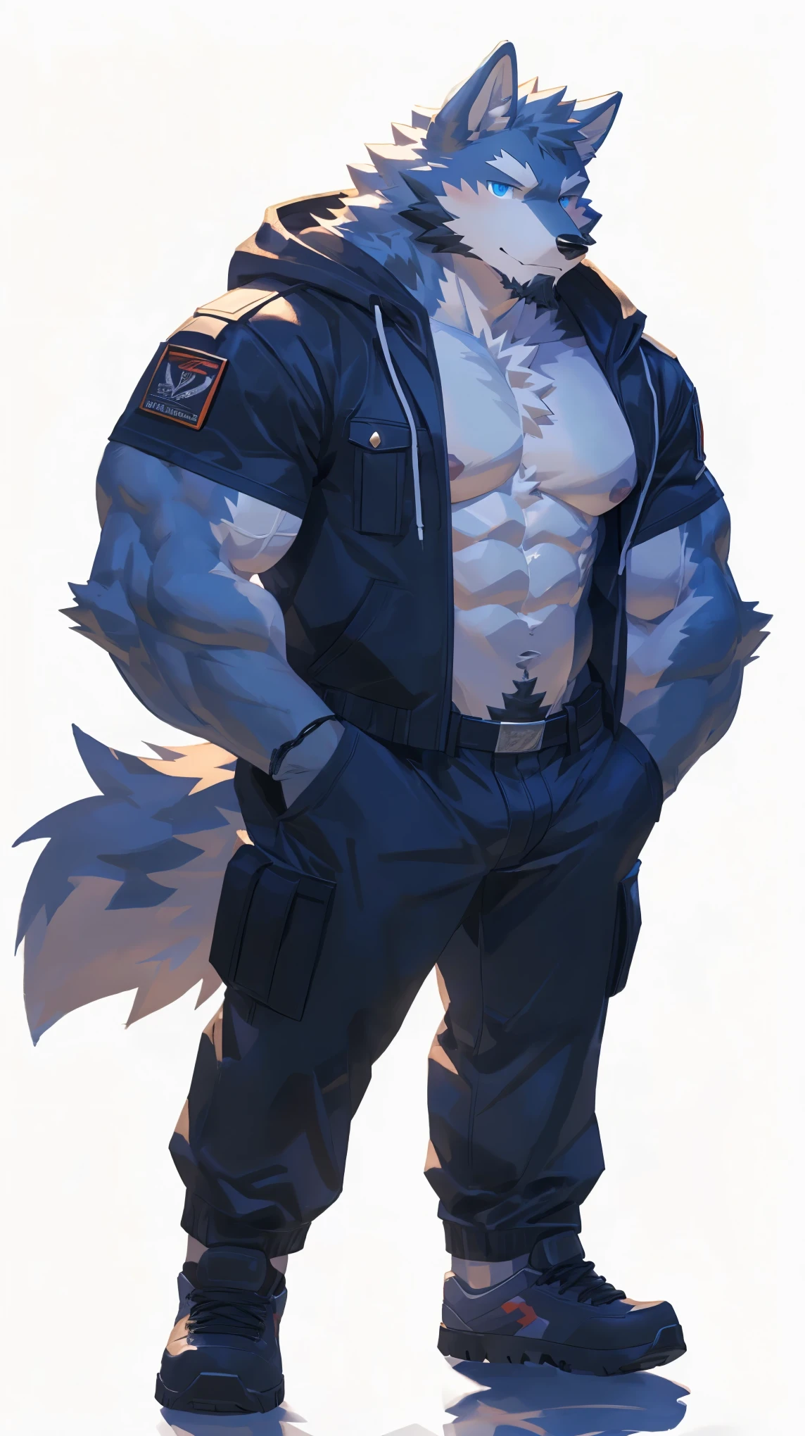 (masterpiece:1.2), best quality,pixiv,official art,perfect anatomy, (Ray tracing, light),solo, (1_male:1.3) , (muscle), (grey fur:1.4), (muscle wolf), (beard:1.2), (gleaming blue eyes), wolf tail, full body, Thick black eyebrows,(open hoodie), (naked inside), (white cargo pants:1.2), white shoes, (pure white background: 1.3), 30-40years old