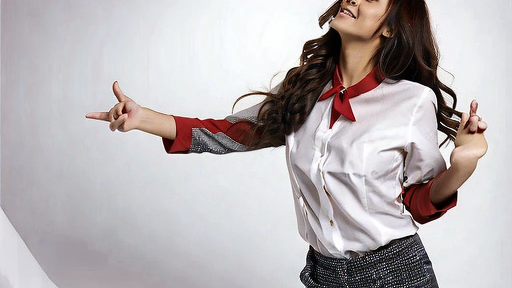 A cute Japanese girl looking up. Big round eyes. Long wavy hair. Feeling relax and happy. Wearing a red, slim, business shirt and slim white pants showing her curve shape. Both hands pointing left and right. Grey brick background wall. 