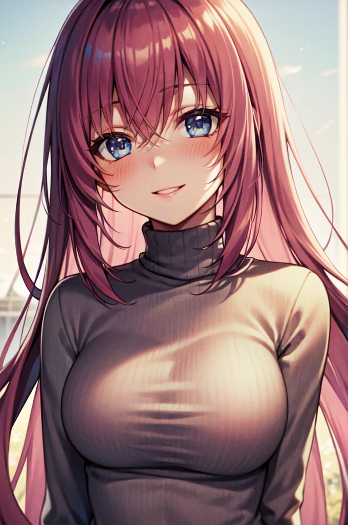 Masterpiece, best quality, highres, upper body, close up, detailed eyes, pink hair, blue eyes, (((white backround))), long hair, blush, turtleneck sweater, beautiful eyes, large breaast, smile, gentle, backlighting, closed lips