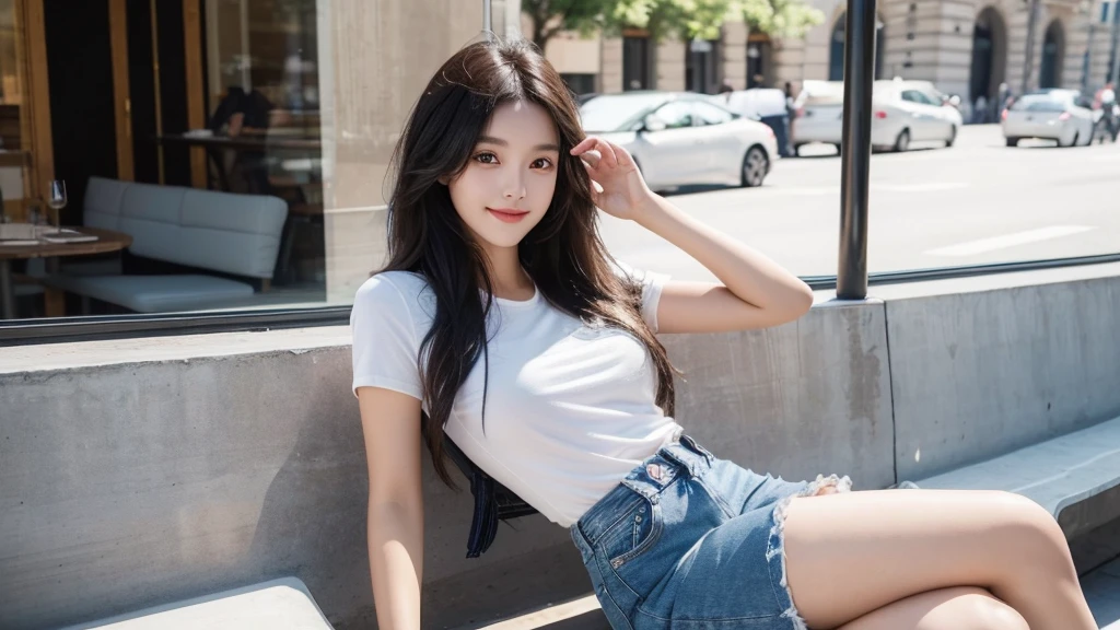 1 girl,(Black semi-long hair)(Beautiful hair), actor, Smile, Glowing skin, best quality, masterpiece, (Reality:1.4), Terrace Seating, Europe, France, Paris, Denim Mini Skirt (Realistic fabrics), White short sleeve (Cotton fabric), (No logo), Thin fingers