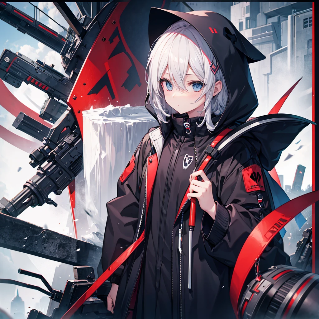 (((grim Reaper's size))) (((Gray Hair short hair blue eyes woman))),((night full moon My own big wings)),(Wearing a hood Black camisole Purple light), A tense look Shining Background Shining Edges