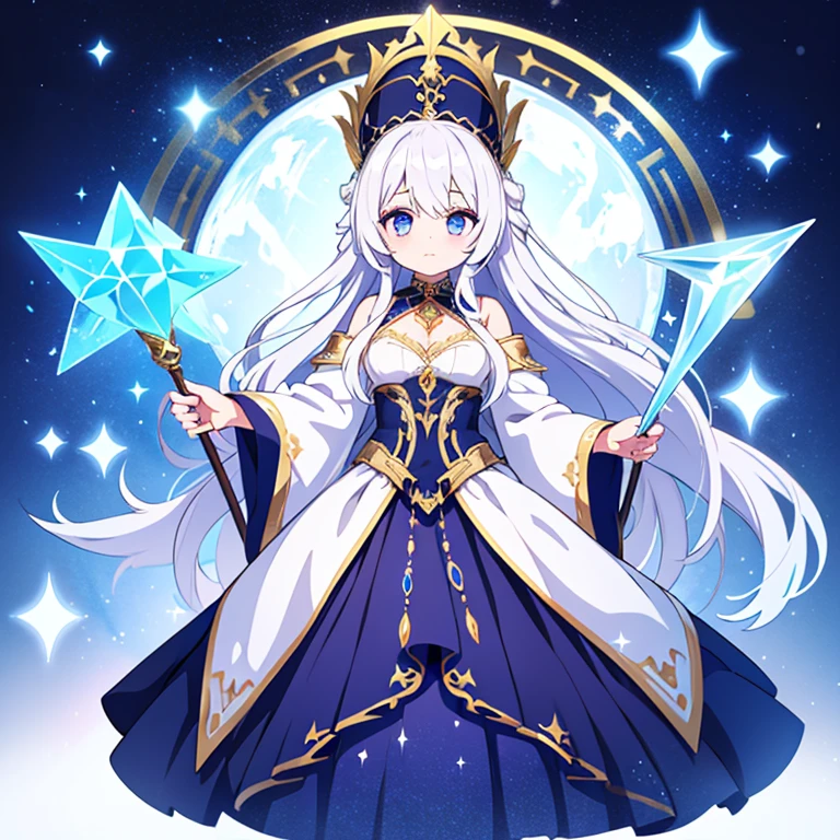 witch has icy white hair and piercing silver eyes, with robes that sparkle like freshly fallen snow. She carries a staff crowned with a frosty crystal, representing the stillness and purity of ice..It wears a pointed hats adorned with celestial symbols and star-shaped ornaments. They often hold hands, their powers intermingling to create a seamless blend of water and ice. Full body , ballgown , ball gown , gold accents , beautiful eyes , 1 girl