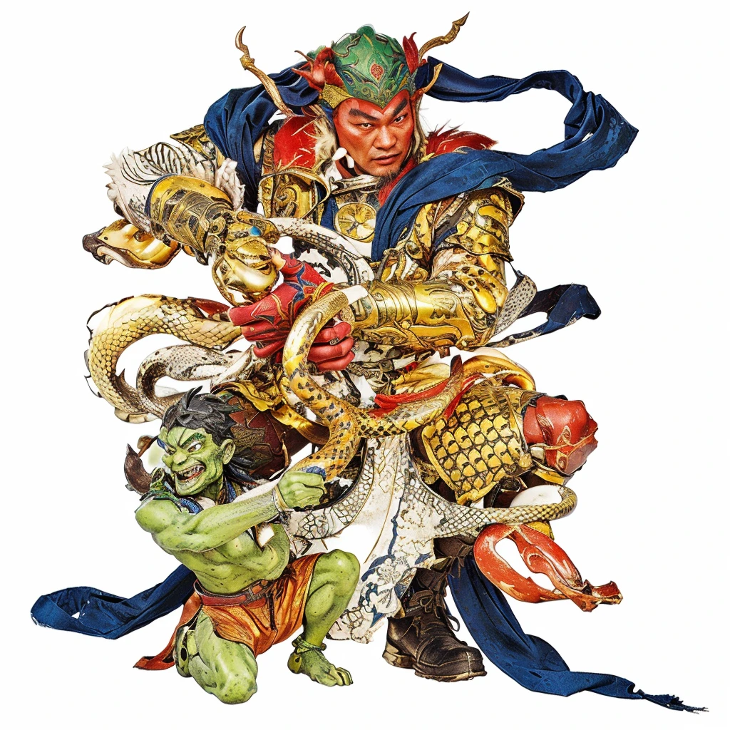 a chinese warrior holding a yellow snake, 1 green goblin holding warrior's leg, red goblin behind, blue deity ribbon, 