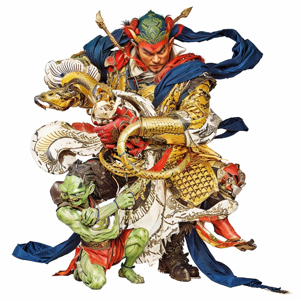 a chinese warrior holding a yellow snake, 1 green goblin holding warrior's leg, red goblin behind, blue deity ribbon, 