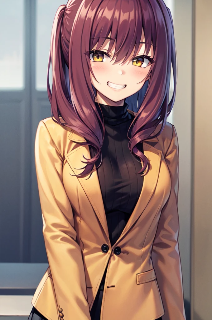 Masterpiece, best quality, highres, upper body, close up, detailed eyes, red hair, yellow eyes, white backround, long hair, blush, turtleneck sweater, beautiful eyes, large breaast, grin, ((hair down)), long hair, sweater