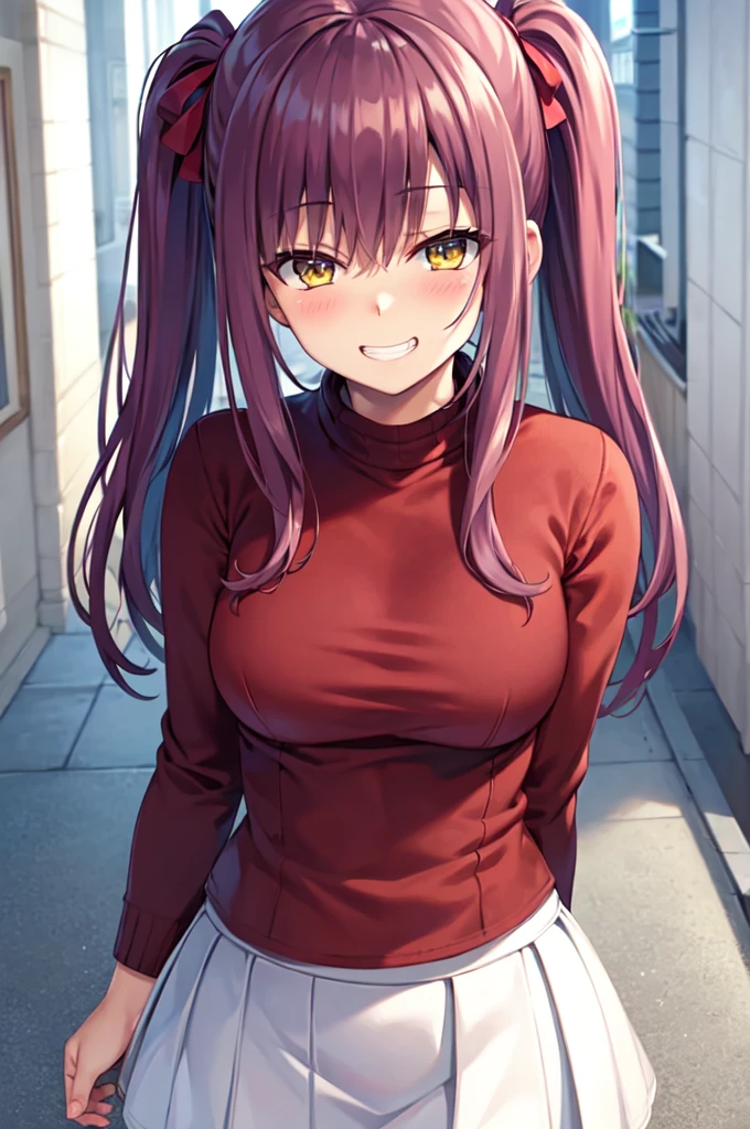 Masterpiece, best quality, highres, upper body, close up, detailed eyes, red hair, yellow eyes, white backround, long hair, blush, turtleneck sweater, beautiful eyes, large breaast, grin, ((hair down)), long hair, sweater