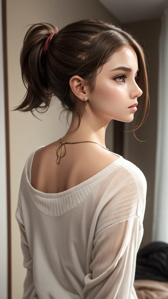 White skin girl, brown hair tied in a bad ponytail, Brown eyes, dressed in a bad way and that I didn't match, with folders and jumbled pages taking them on his chest