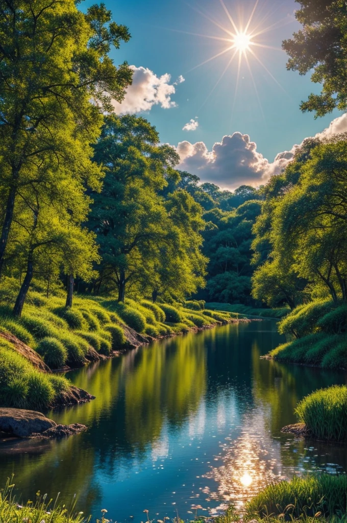 A mesmerizing pointillism art piece that showcases the intricate close-up details of nature. The canvas is filled with tiny dots of color that come together to form a stunning, ethereal landscape. The scene includes lush green foliage, delicate flowers in various stages of bloom, and a serene body of water with gentle ripples. In the background, there is an enchanting sky with a radiant sun and fluffy clouds. The overall effect is a captivating and immersive nature scene that invites the viewer to appreciate the beauty and complexity of the natural world.