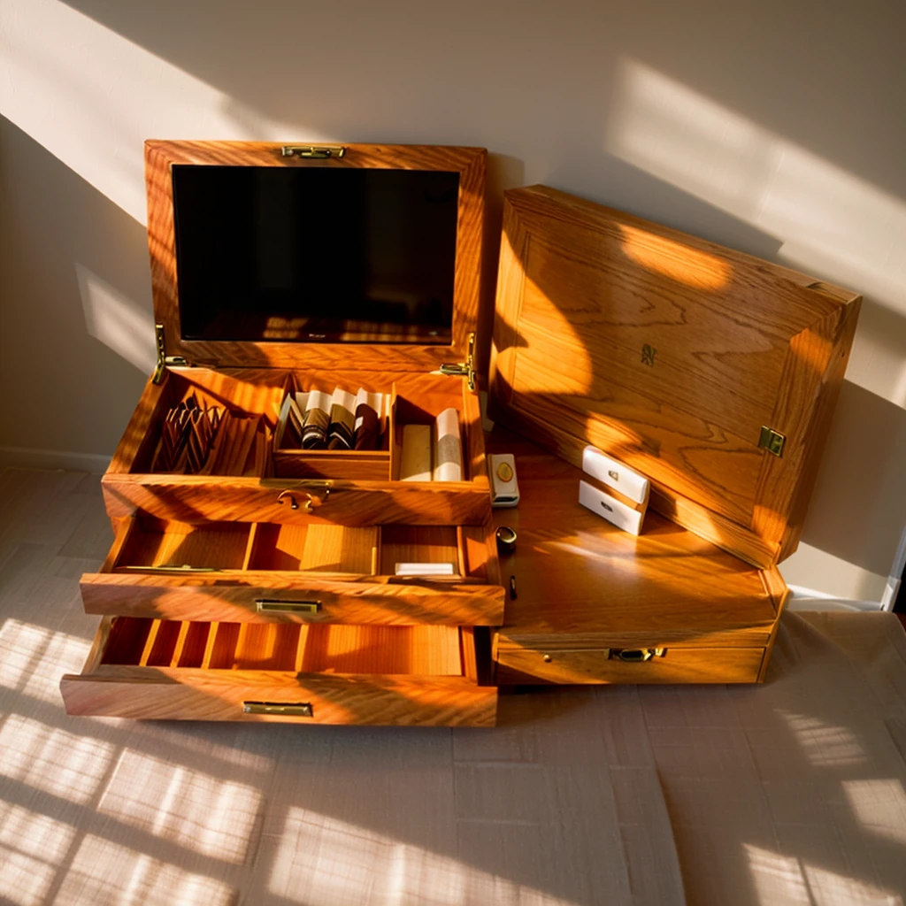 In this cozy room，A ray of sunlight shone through the half-drawn curtains on the table，Let the wood grain on the watch storage box shine with a faint luster。There was a calm and peaceful atmosphere in the air around them。There are several still lifes hanging on the walls of the room，It adds a touch of elegance to the space。And on the other side of the room，The half-open window lets in the breeze，The pages on the small desk by the window turned in the wind，This quiet scene gives a sense of tranquility and comfort。

