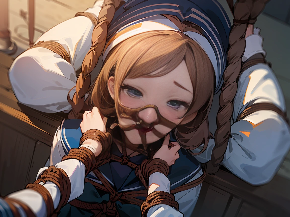 (very detailed CG 통일성 8k), (best quality),(very detailed),(ultra high resolution), 1 woman, (sailor uniform:1.4), (rope bondage:1.4), (tie a woman's breasts with rope;1.3), (tie arms with rope:1.3), (tie a person with a rope:1.3), (Knees tied with rope:1.3), (Ankles tied with rope:1.3), gag with a white cloth, dark blue skirt, Park benches, (black hair:1.4), High school girls, (black stockings:1.4), (Black garter belt:1.3), ((Brown loafers)), I'm in tears, (hair band:1.4), blurred background, blurred background, arms back, boundary, from behind, OTN, naked, Chest enlargement, White mucus coming out of the vagina, beautiful