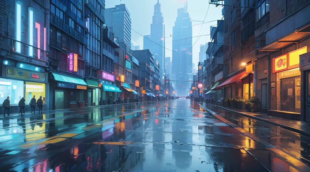 cityscape background. Lots of LED lights, Illuminating the night, Reflection of buildings in puddles on the ground. Movie, 8K, Rich in details