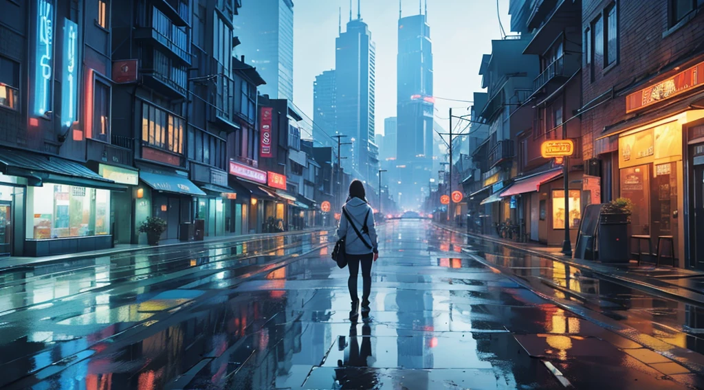 cityscape background. Lots of LED lights, Illuminating the night, Reflection of buildings in puddles on the ground. Movie, 8K, Rich in details
