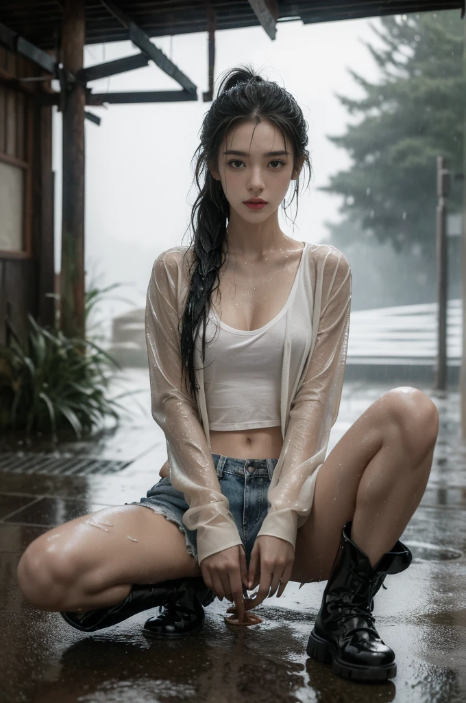 (((best quality))),(((ultra detailed))),(((masterpiece))),illustration,1girl, young,solo, slim,thin,short ponytail,small breasts,flat chest,white collared shirt,cleavage,navel,shorts,arms behind back,slender legs,boots,rainy night, heavy rain, drenched clothes, melancholy expression, solitude, tear rolling down cheek, wet hair, empty streets, dimly lit, deserted environment, sound of rain, footsteps, symbol of hope, abandoned, resilience, determination, walking in rain, heartbreak, loss, love fading, loneliness, body language, facial expression, dreary atmosphere, rain-soaked streets, somber mood, viewer engagement,((upper body,from front)),urban scape,night scene,(((wet,sweat,shiny skin))),sitting on the ground,(spread legs apart:1.3),(m-legs:1.2)