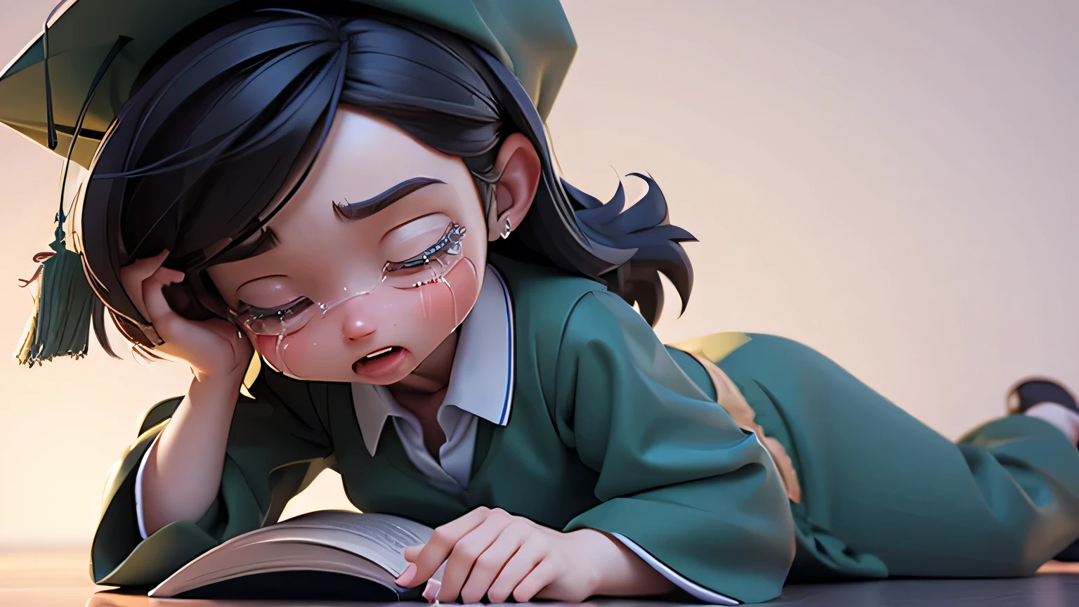 3D animation of a crying student reading a book, wearing a graduation gown and hat