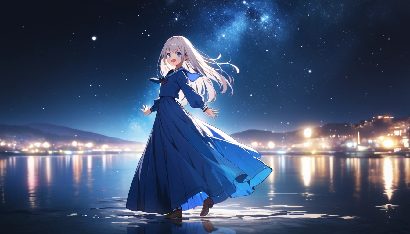 absurdres, highres, (Spectacular scenery:1.1)
BREAK
one girl standing on (lake:0.5), starry sky, (night:1.3) sky, detailed night sky, (happy smile:1.2), background is (night sky), open mouth, looking at viewer, (fullbody:1.2), (from side:1.2), diffuse reflection, (far away light:0.2), open arms, (open hands:1.3), (Milky Way:0.7)
BREAK
**yo **li, blue eyes, (pale-blue) long straight hair, (blue sailor one-piece dress:1.2), long sleeve, blue (long skirt:1.3)
BREAK
