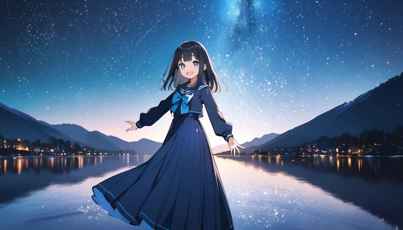 absurdres, highres, (Spectacular scenery:1.1)
BREAK
one girl standing on (lake:0.5), starry sky, (night:1.3) sky, detailed night sky, (happy smile:1.2), background is (night sky), open mouth, looking at viewer, (fullbody:1.2), (from side:1.2), diffuse reflection, (far away light:0.2), open arms, (open hands:1.3), (Milky Way:0.7)
BREAK
14yo loli, blue eyes, (pale-blue) long straight hair, (blue sailor one-piece dress:1.2), long sleeve, blue (long skirt:1.3)
BREAK