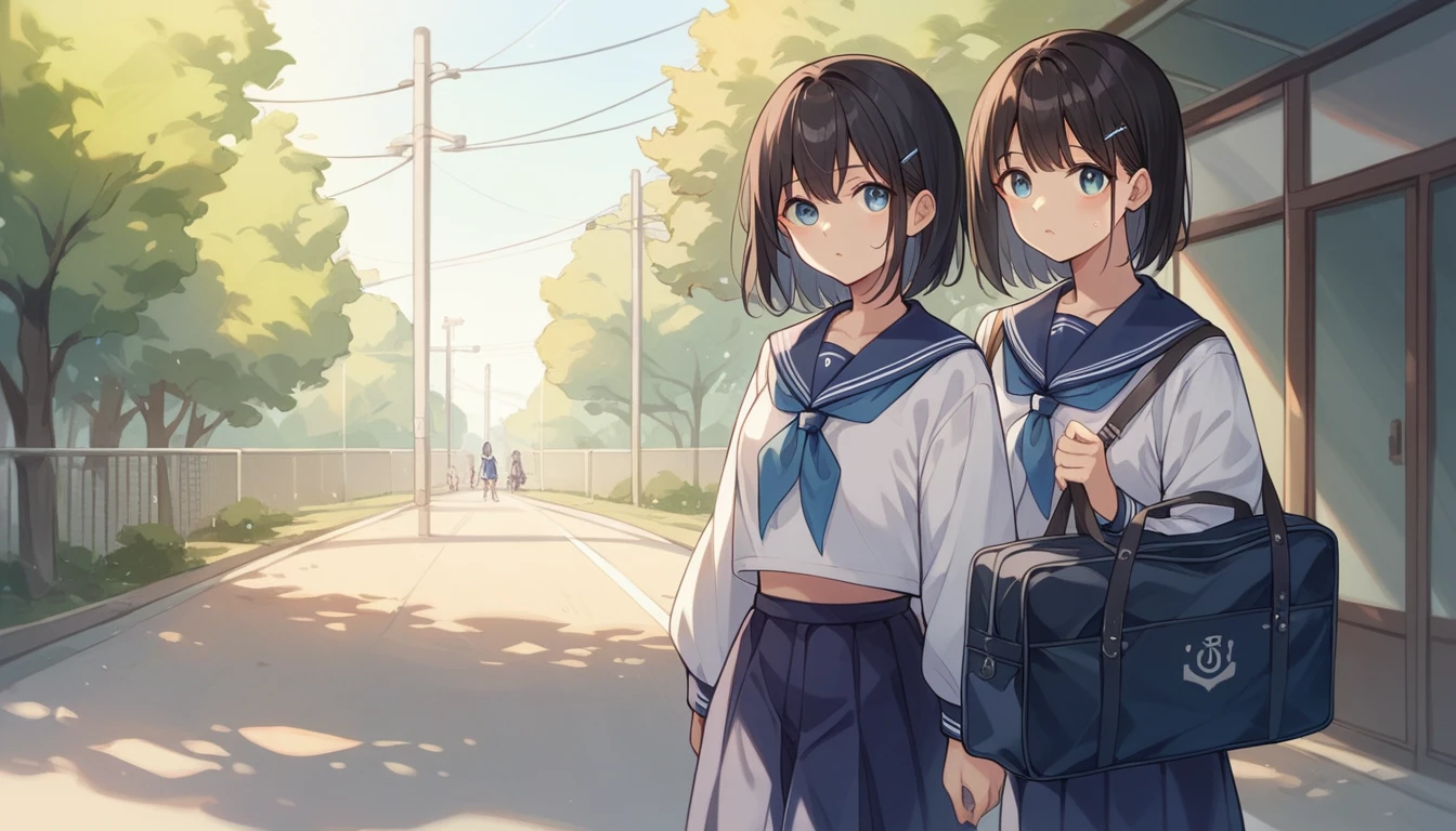 Portrait、512、Medium hair with black hair、high school girl、Canine、Tear mole on left eye、White and navy blue sailor suit、Country Road、Walking、School bag on both shoulders