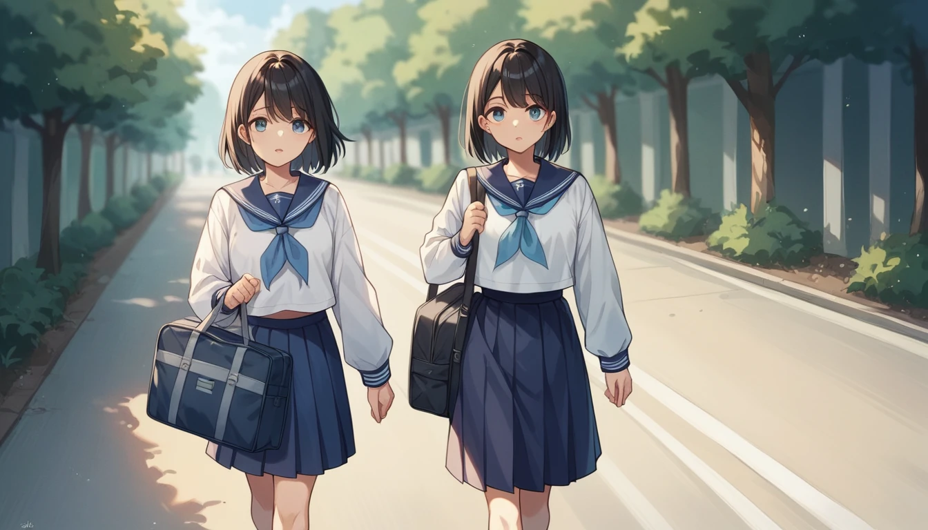 Portrait、512、Medium hair with black hair、high school girl、Canine、Tear mole on left eye、White and navy blue sailor suit、Country Road、Walking、School bag on both shoulders