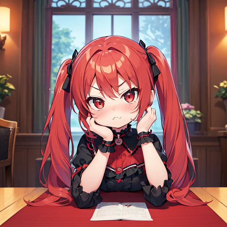 ((Highest quality)), ((masterpiece)), (detailed), Perfect Arms, anime, Ultra-fine illustration, One girl, ((Chibi Character)), Red Eye, Red hair twintails, Gothic ****ta, face, cheek, ((Pouting)), hands up, elbows on table, room, machine, indoor, Upper Body Shot,