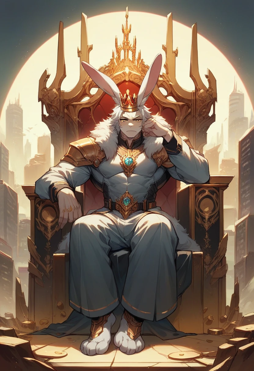 Rabbit man with crown sitting on his throne in a futuristic city and golden letters with the words KING, rabbit