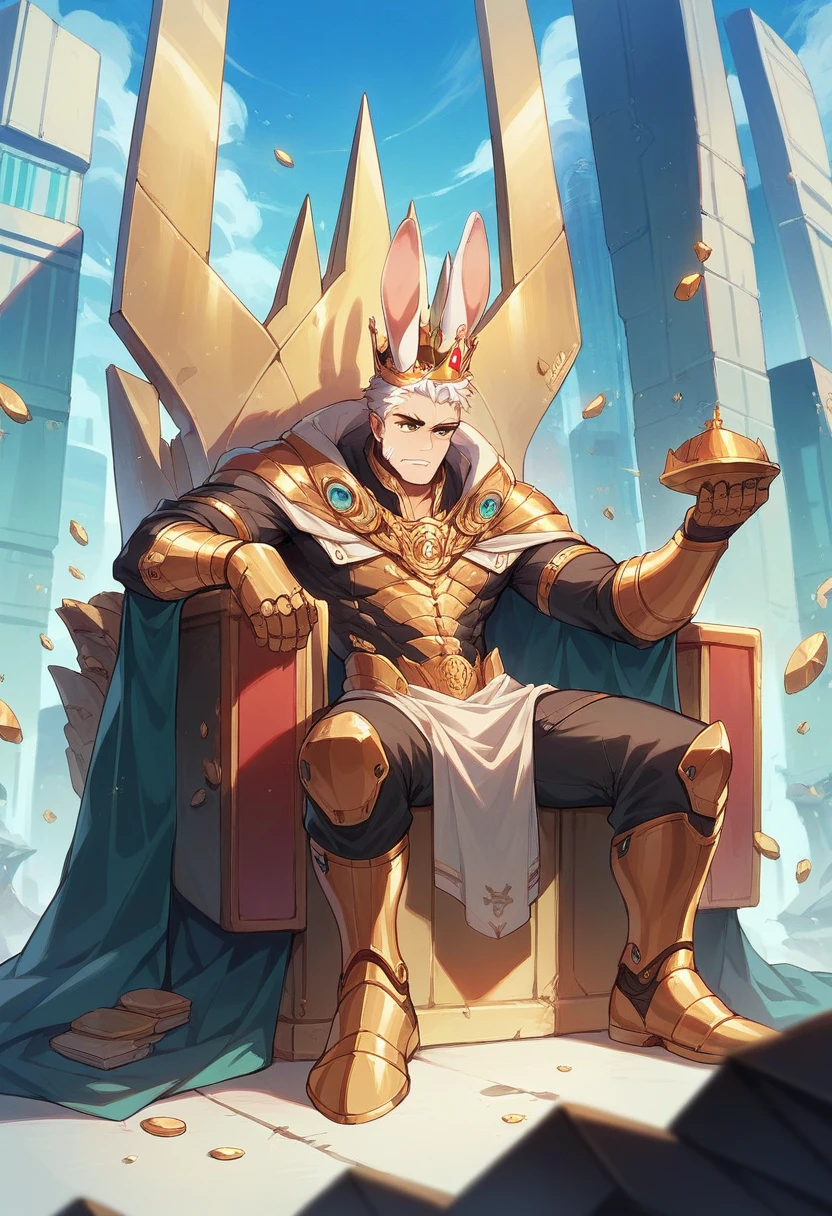 Rabbit man with crown sitting on his throne in a futuristic city and golden letters with the words KING, rabbit
