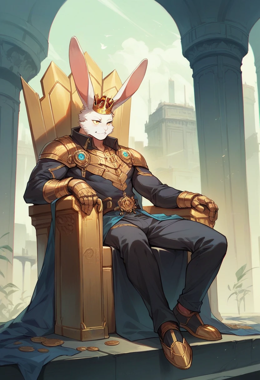 Rabbit man with crown sitting on his throne in a futuristic city and golden letters with the words KING, rabbit