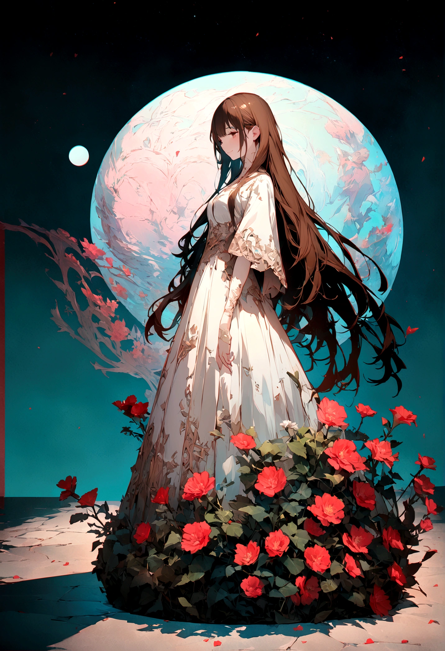 (masterpiece),(best quality), illustration, (fantasy:1.4), brown long hair, long eye lashes, solid circle eyes, light smile, Surrealism, drop shadow, anaglyph, stereogram, atmospheric perspective, 8k, super detail, accurate, best quality, UHD, textured skin, long dress, a moon, flowers , paper_cut
